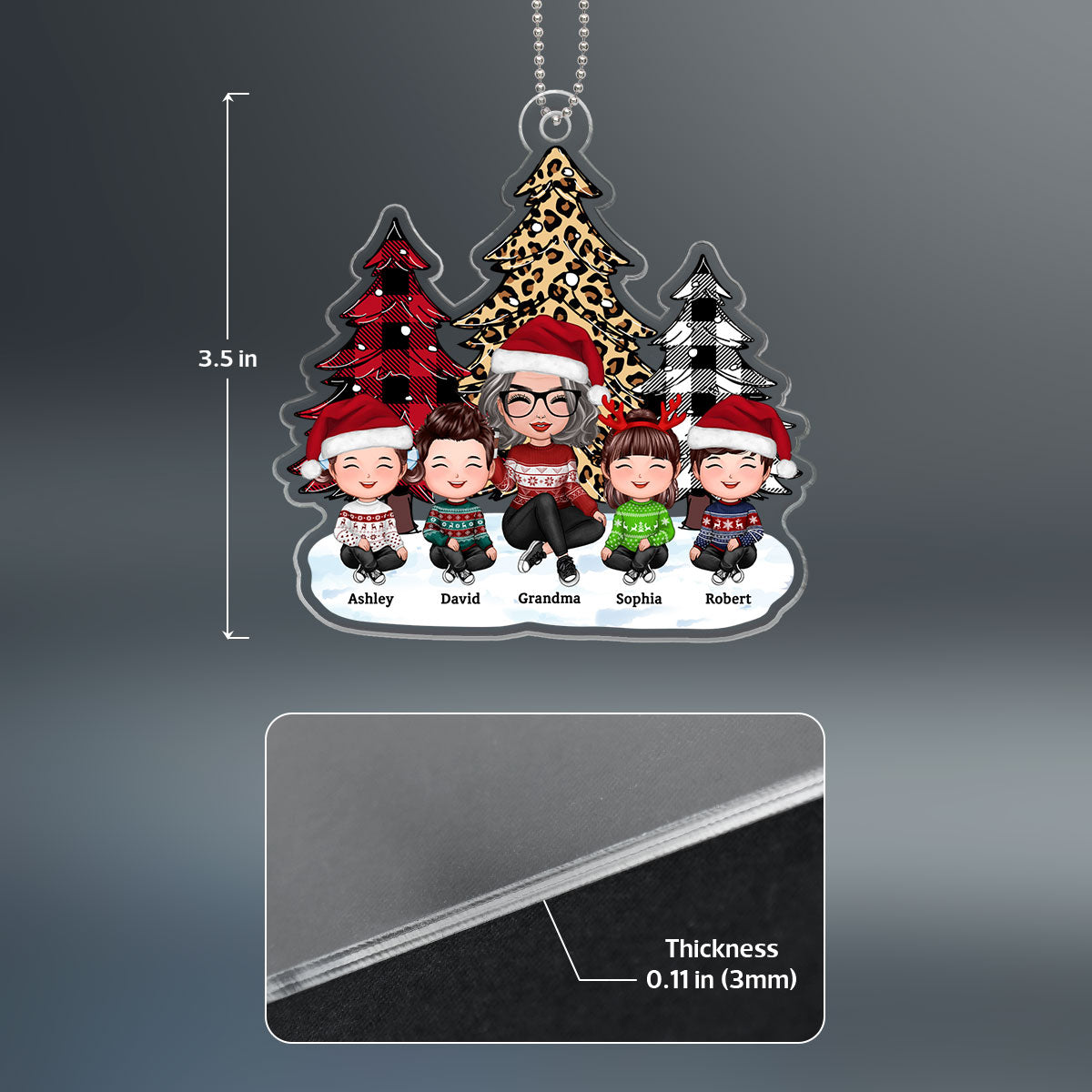 Leopard Checkered Pattern Tree Grandma Grandkids Happy Face Personalized Acrylic Ornament