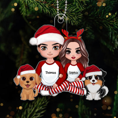 Doll Couple Sitting With Dog Christmas Personalized Acrylic Ornament