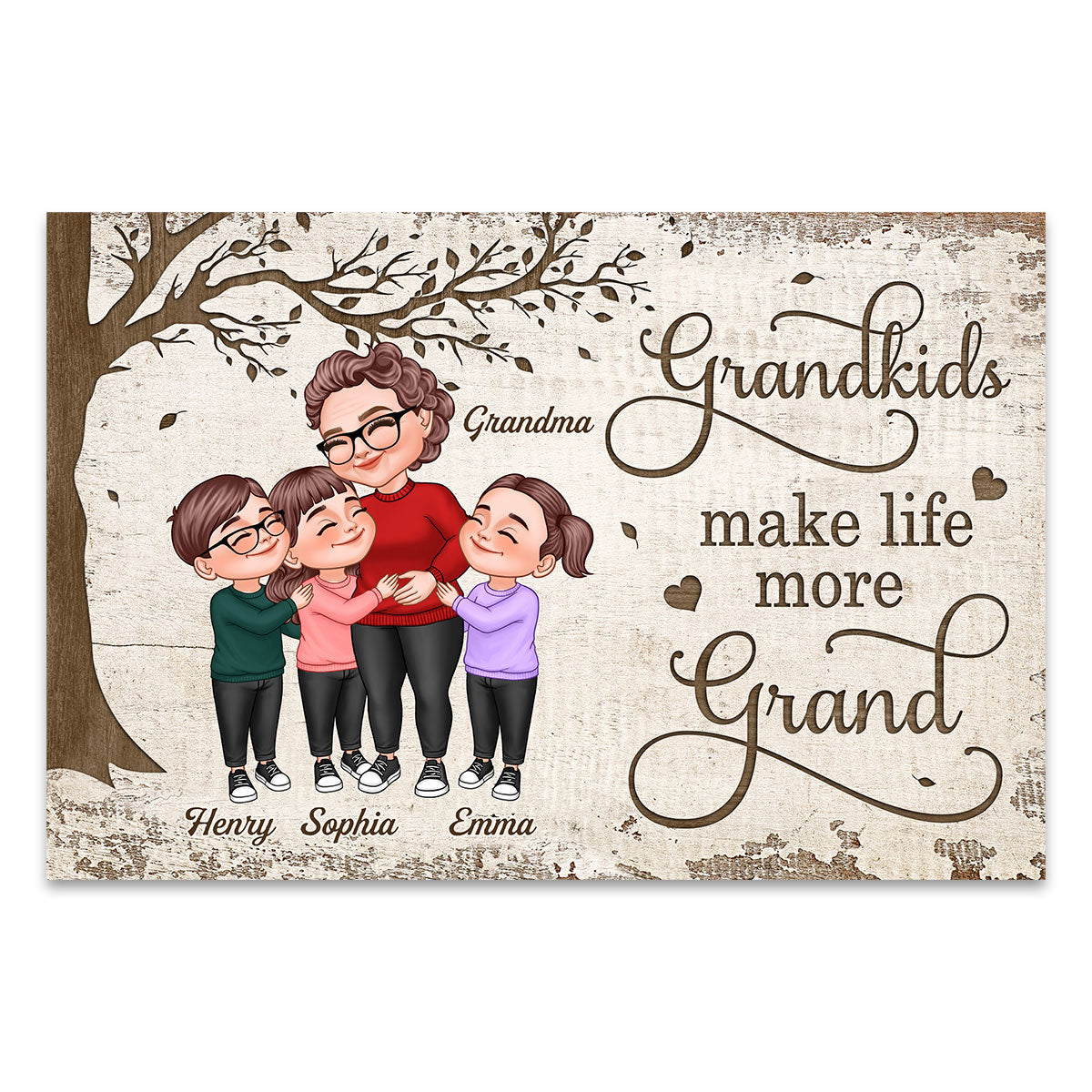 Grandkids Make Life Grand Grandma Grandkids Hugging Under Tree Personalized Poster