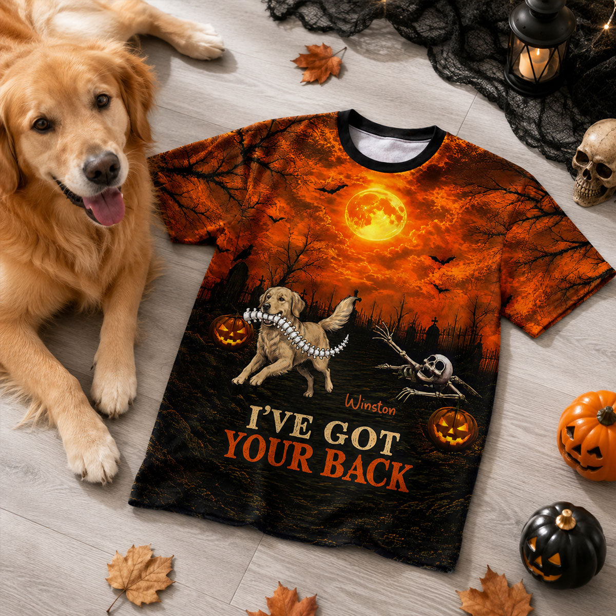 Orange Theme I've Got Your Back Dog Stealing Backbone From Your Photo - Personalized 3D Shirt - Funny Halloween Costume For Dog Lovers