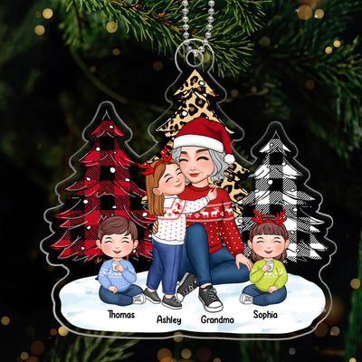 Leopard Checkered Pattern Christmas Tree Cute Grandma Grandkids Personalized Acrylic Ornament