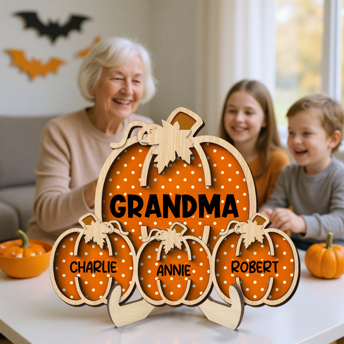 Fall Season Grandma Little Pumpkins Polka Dot Pattern Personalized 2-Layer Wooden Plaque
