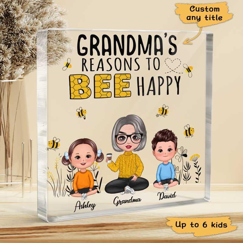 Reason To Bee Happy Doll Grandma And Grandkids Sitting Personalized Acrylic Block Plaque