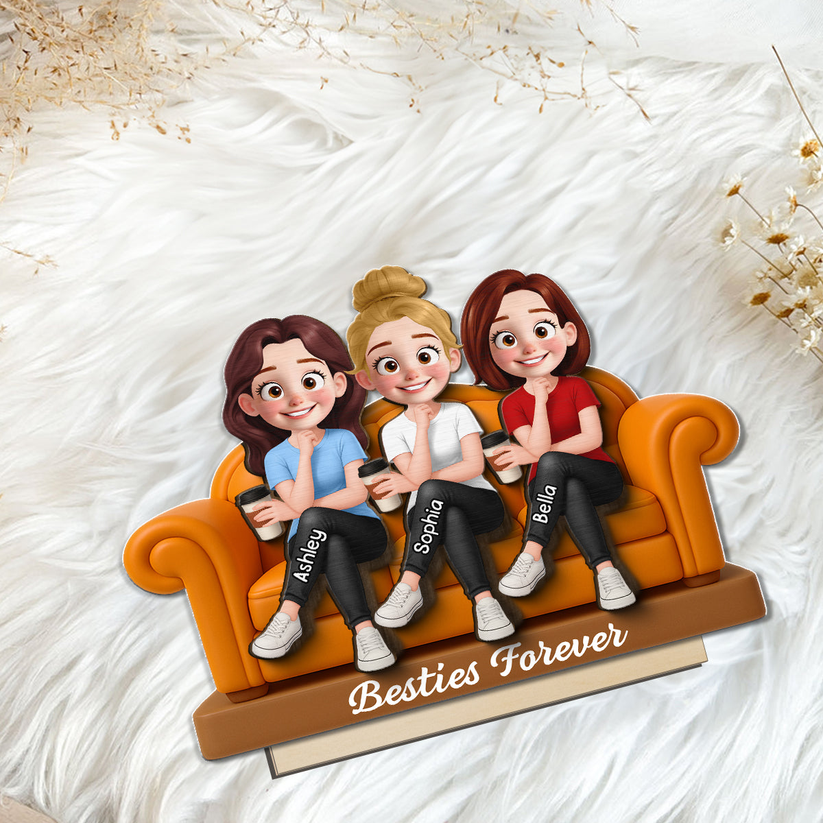 Besties Sitting On Sofa Personalized Wooden Standing Plaque, Gift for Besties, Sisters, Best Friends