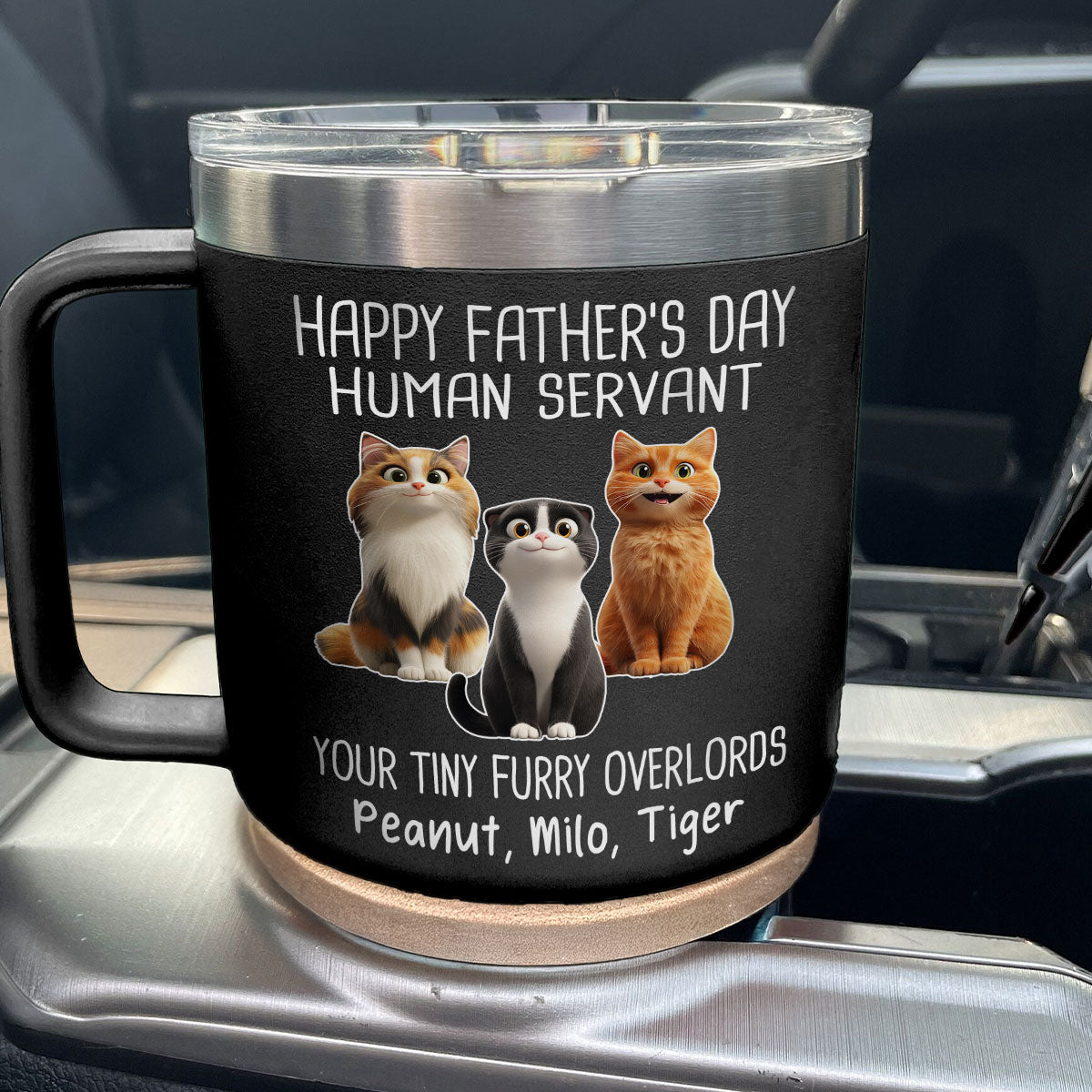 Happy Father's Day Human Servant Cartoon Funny Cats Personalized Stainless Steel Tumbler With Handle