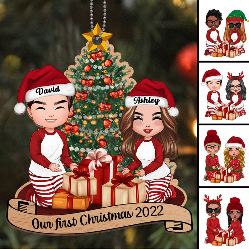 Doll Couple Decorating Christmas Tree Personalized Wooden Ornament