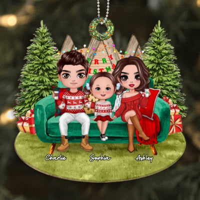 Christmas Family On Sofa Outdoor Personalized Wooden Ornament
