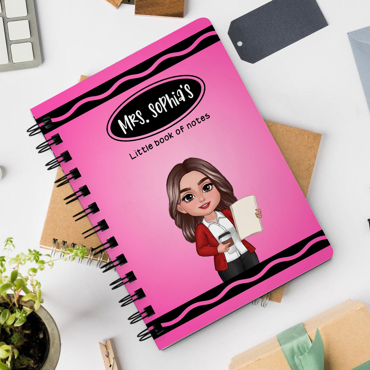 Crayon Themed Teacher Name Personalized Spiral Notebook Journal, Back To School Stationery