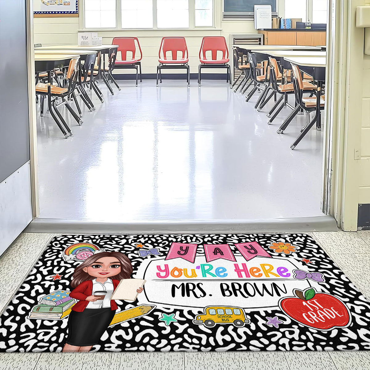 Yay You're Here Composition Book Pattern Personalized Doormat, Back To School Gift