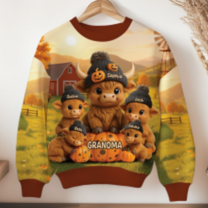 Mama Cow Grandma Cow And Kids 3D Effect Personalized Sweatshirt