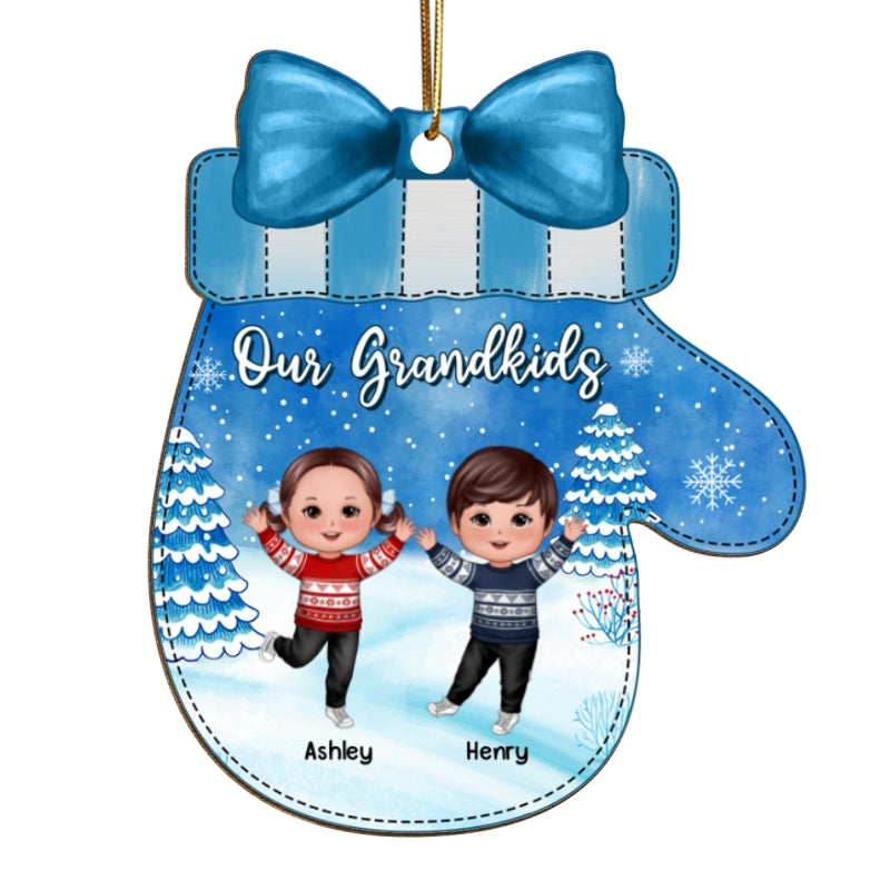 Happy Kids In Snow Glove Shaped Personalized Wooden Ornament