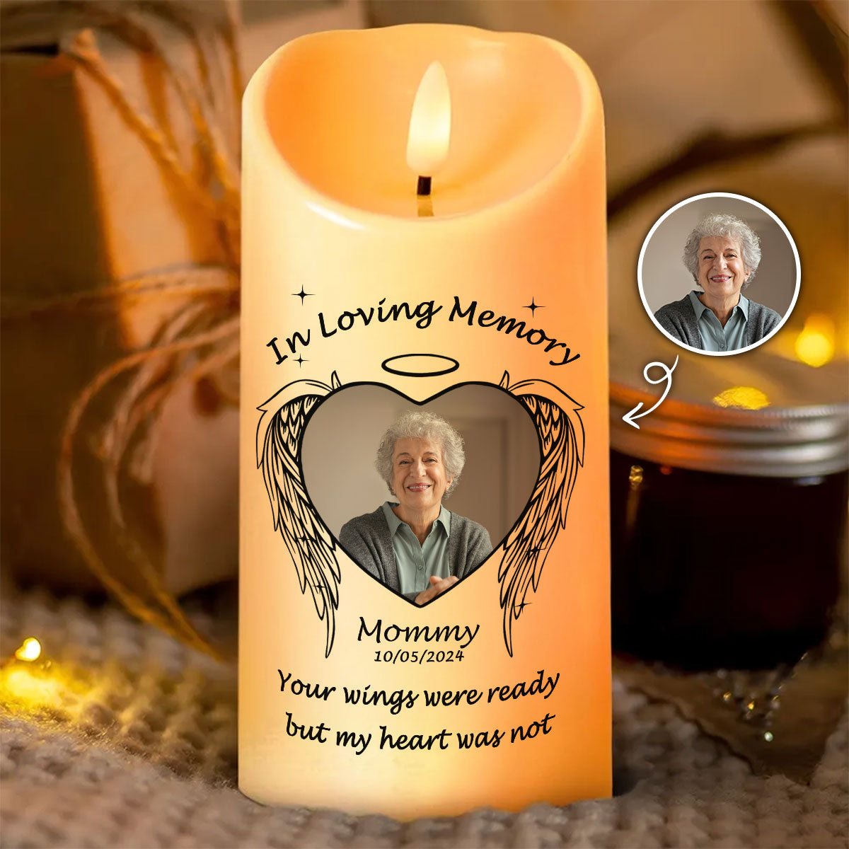Memorial Angel Wings Personalized LED Candle, Custom Photo Sympathy Gift