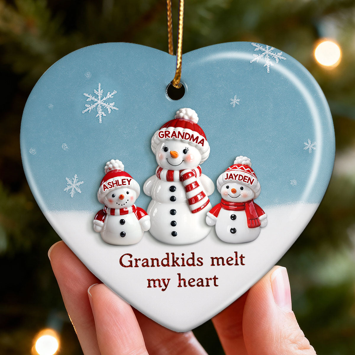 3D Effect Snowman Grandma & Grandkids - Personalized Ceramic Ornament - Christmas Gift For Grandchildren, Grandma
