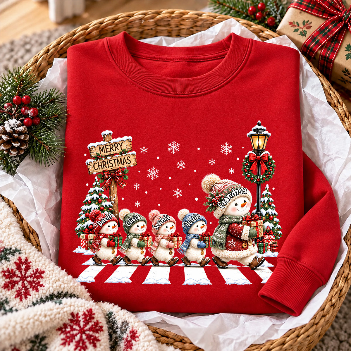 Merry Christmas Snowman Grandma Grandkids Walking - Personalized Shirt - Thoughtful Christmas Gift for Grandma, Mom, Wife