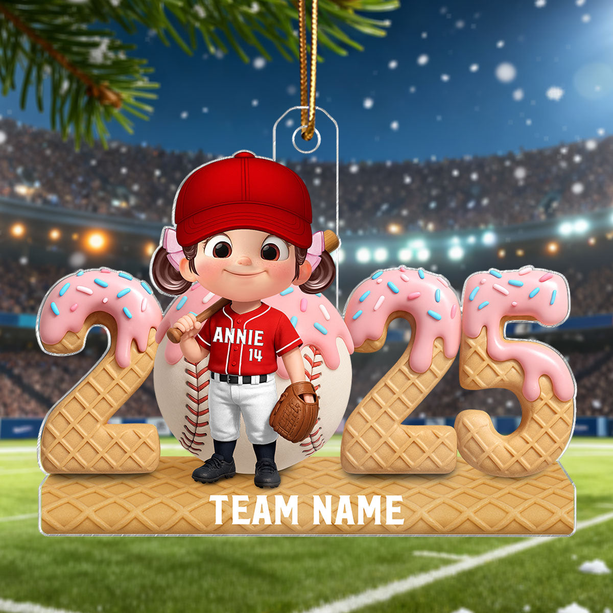 3D Effect Ice Cream Drip Sprinkles Kid Girl Boy Baseball Player - Personalized Acrylic Ornament - Christmas Gift For Kids, Granddaughter, Grandson, Daughter, Son