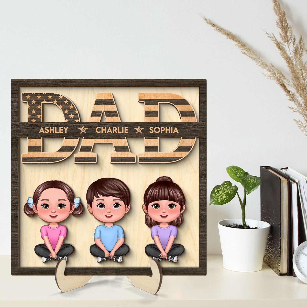 Dad We Love You Nation Flag Cute Children Sitting Crossed Legs Personalized 2-Layer Wooden Plaque