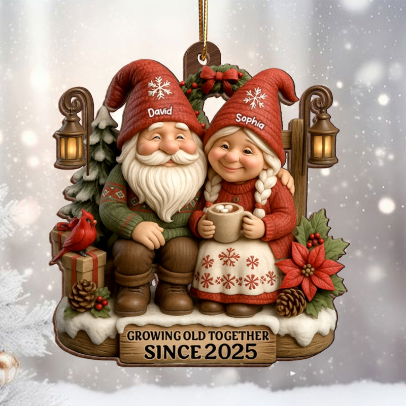 Old Gnomes Couple Sharing Holiday Cheer Together - Personalized Wooden Ornament - Thoughtful & Heartfelt Christmas Gift for him, Gift for her