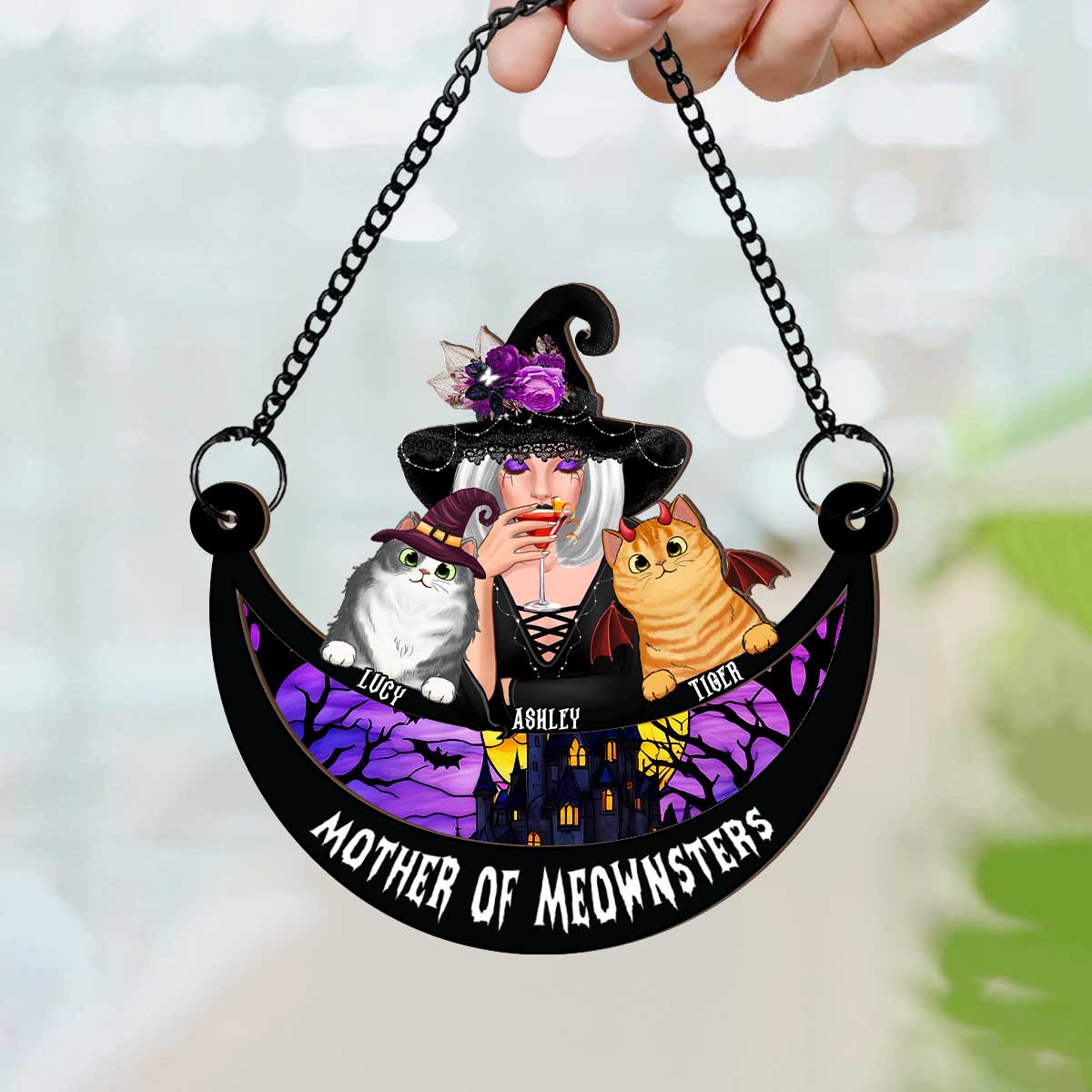 Wicked Cat Mom Stained Glass Moon Personalized Suncatchers, Halloween Decor For Cat Lovers