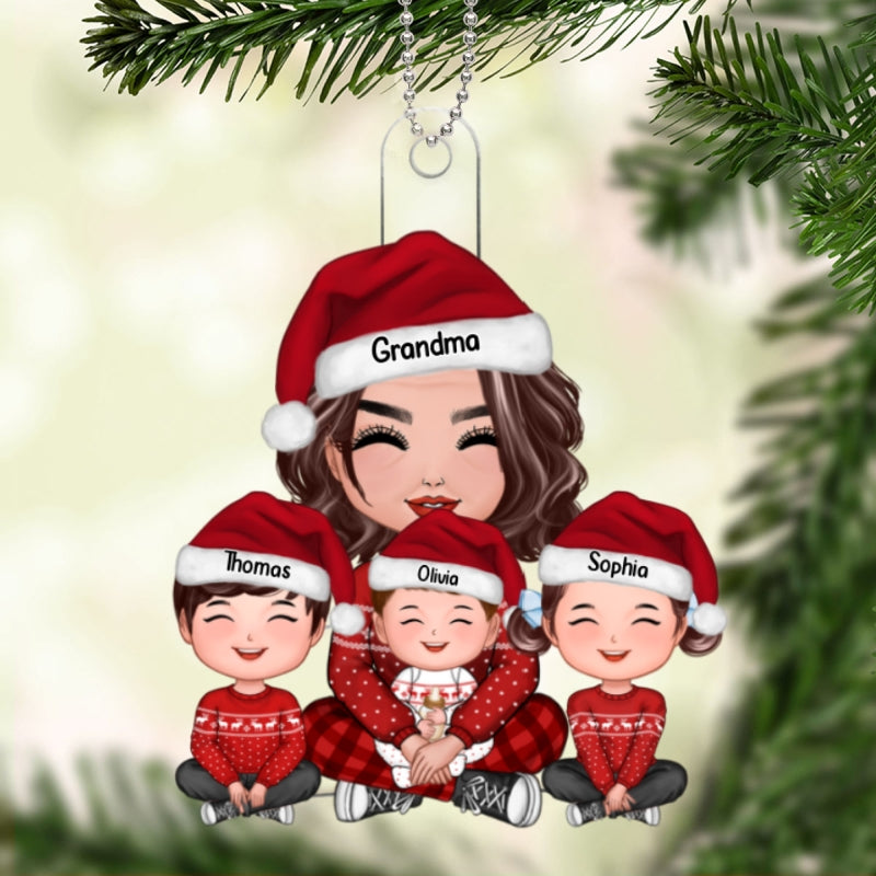 Grandma & Grandkids Sitting Happy Face Crossed Legs Personalized Acrylic Ornament