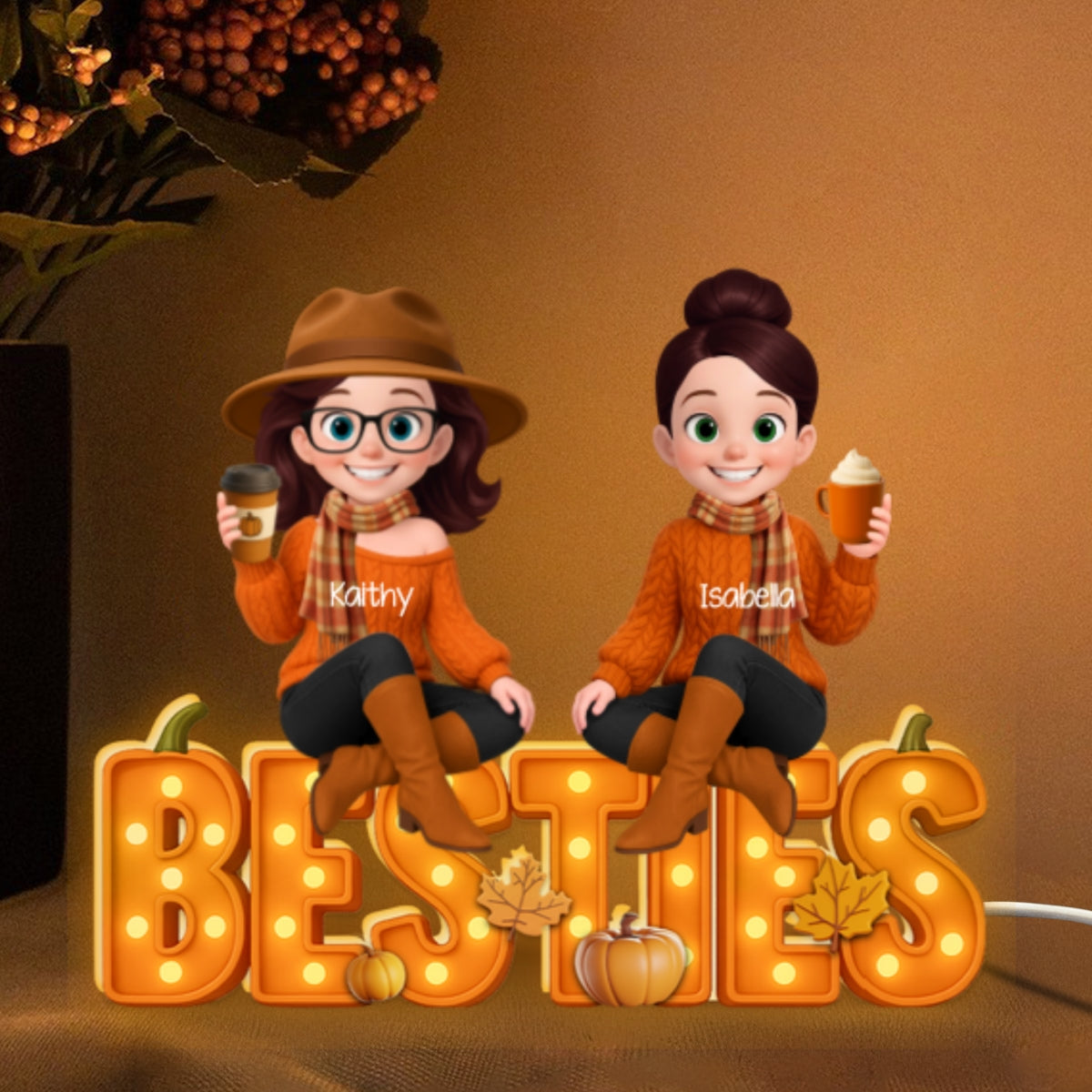 Fall Vibe Besties Sitting On Faux Marquee Style Letters Personalized Light Box