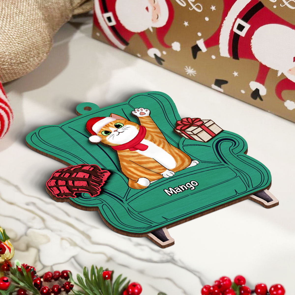Christmas Cats On Sofa Personalized 2-Layer Wooden Ornament