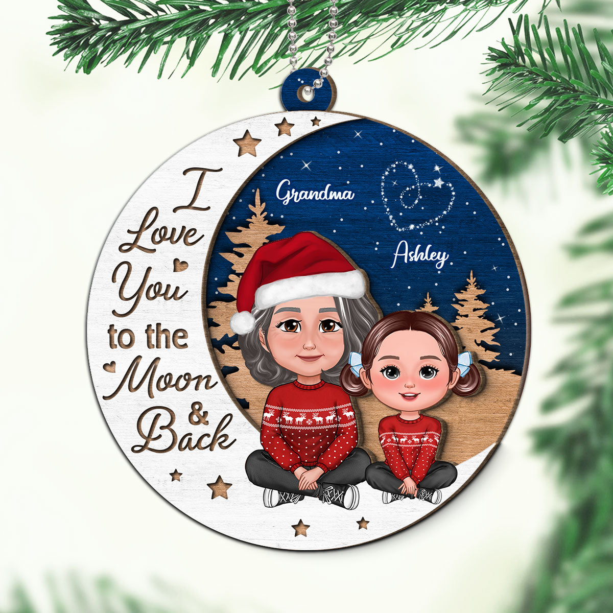 Grandma Grandkid Love You To Moon And Back Christmas Personalized 2-Layer Wooden Ornament