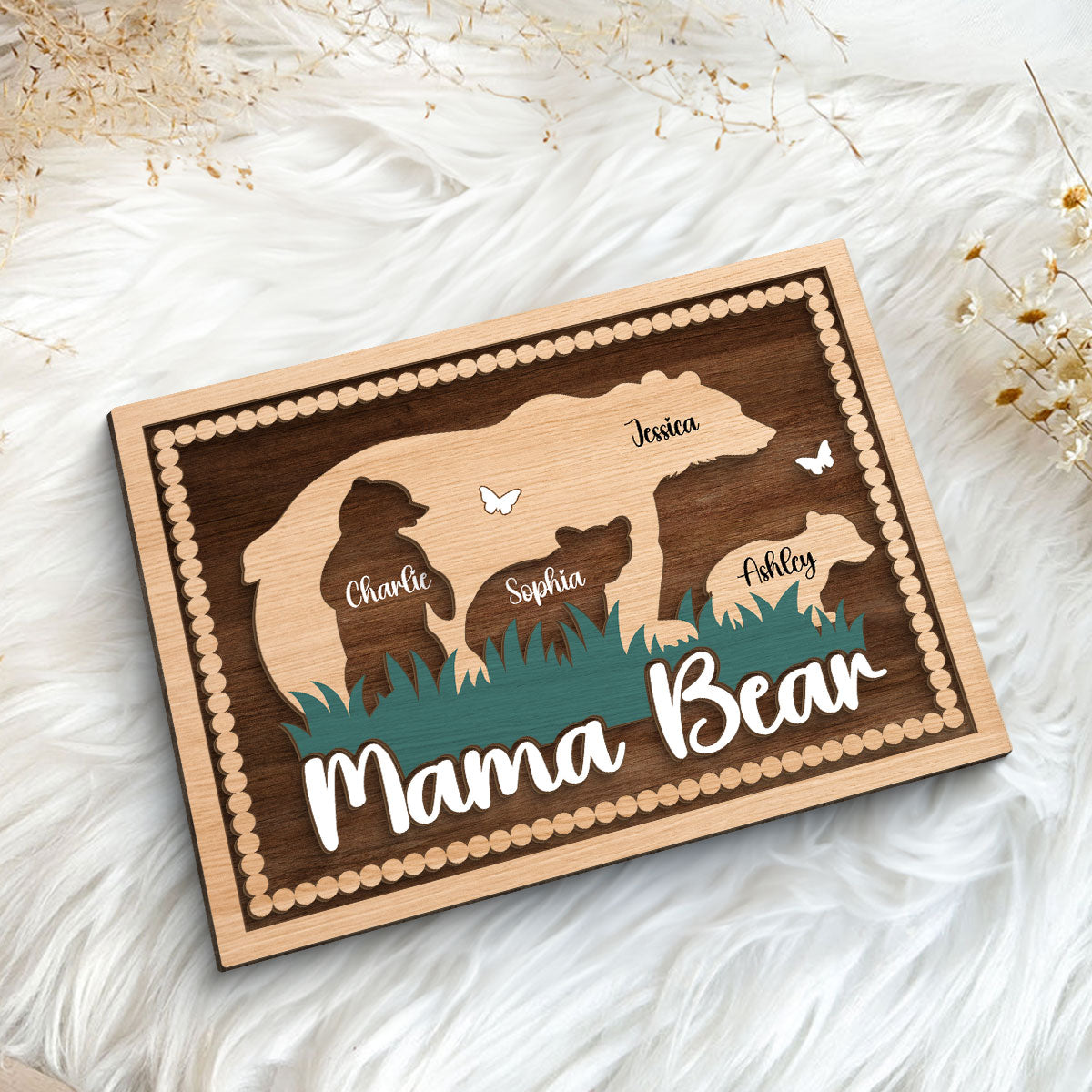 Mama Bear With Kids Names Personalized 2-Layer Wooden Plaque