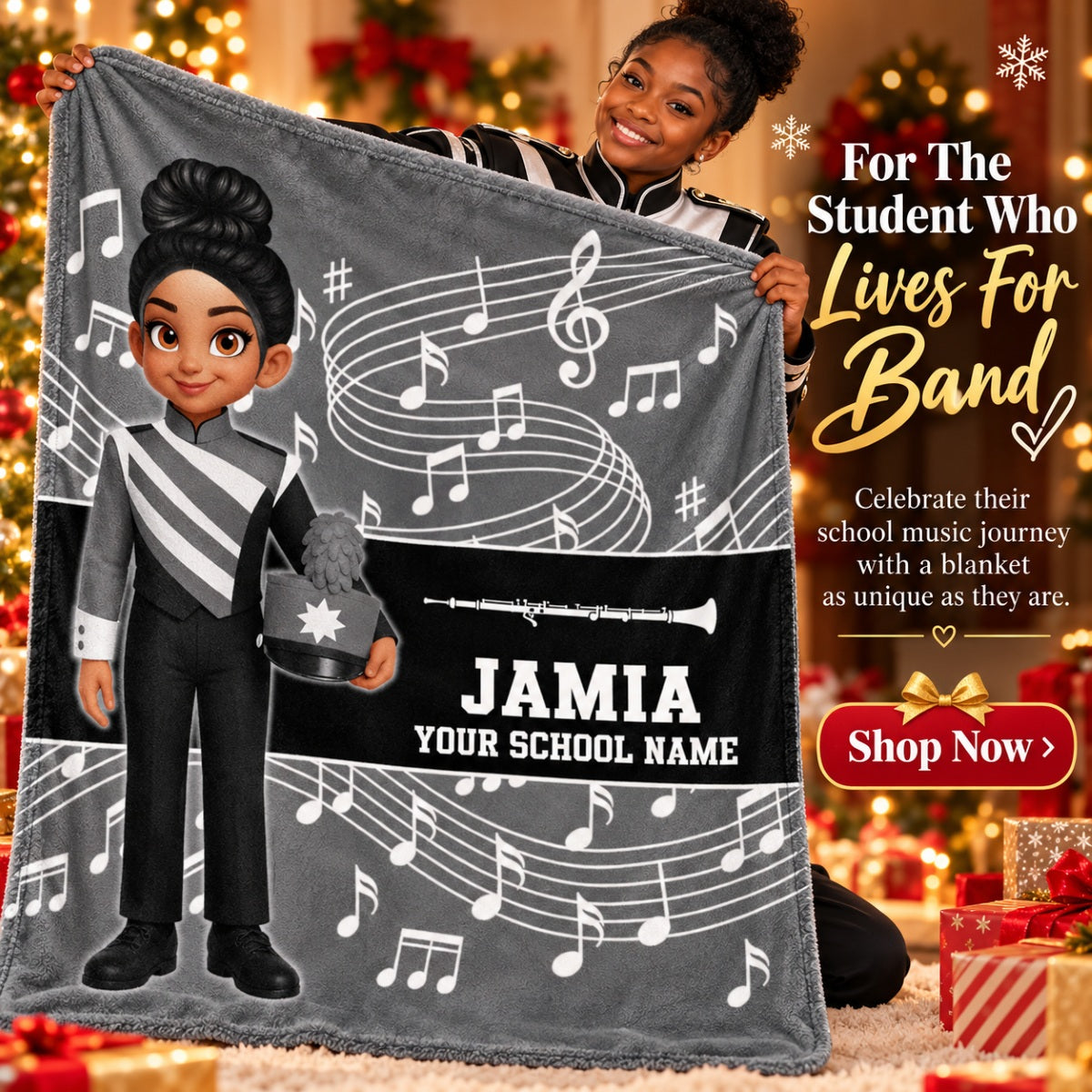 Custom Music Marching Band, Orchestra, Personalized Name, Color, School, Instrument, Trumpet, Clarinet, Tuba, Violine - Personalized Fleece Blanket - Christmas Gift For Son, Grandson, Daughter, Granddaughter