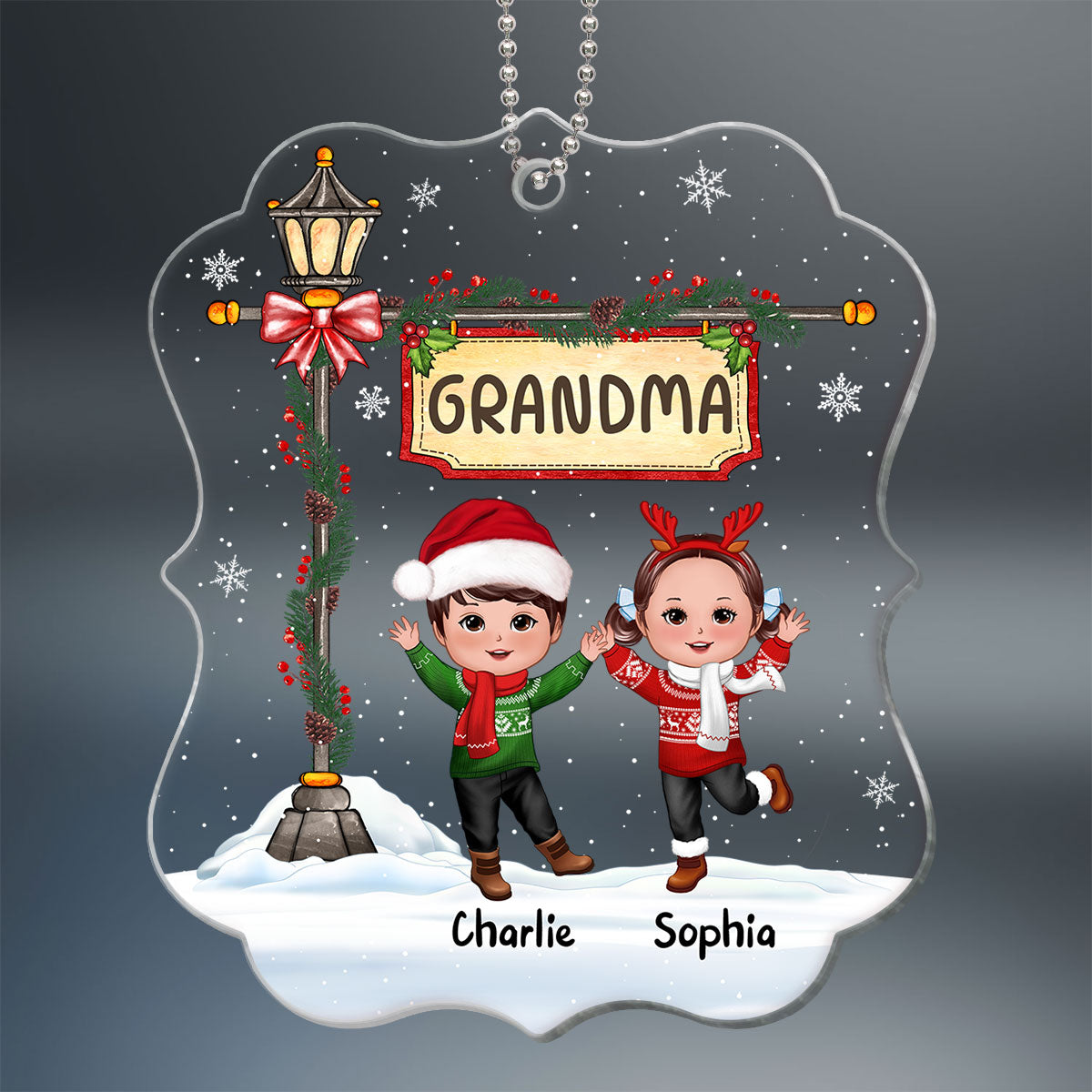 Christmas Happy Doll Kids Under Lamp Post Personalized Acrylic Ornament