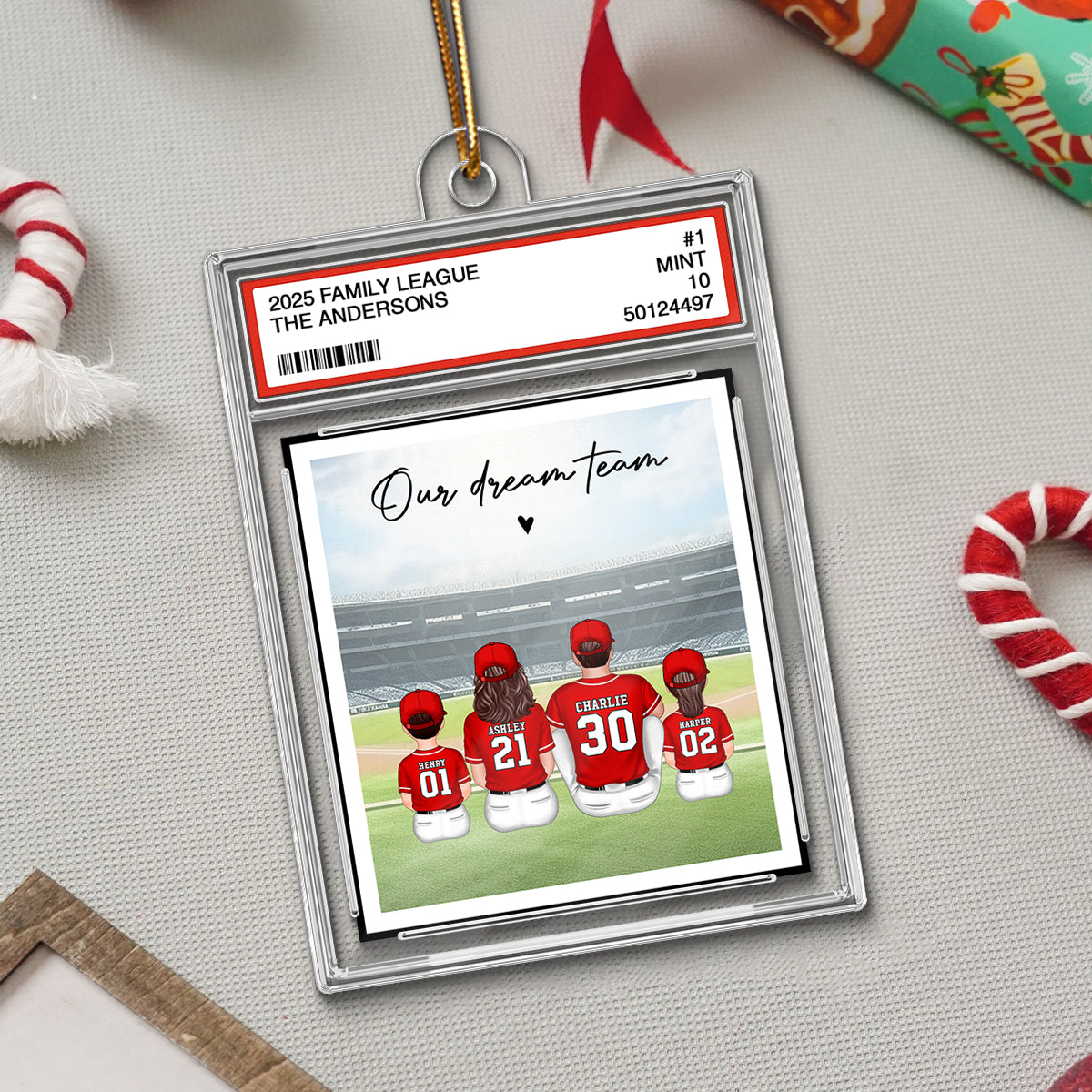 Baseball Family Sitting Couple & Kids Trading Card Style - Personalized Acrylic Ornament - Christmas Decor For Baseball Lovers