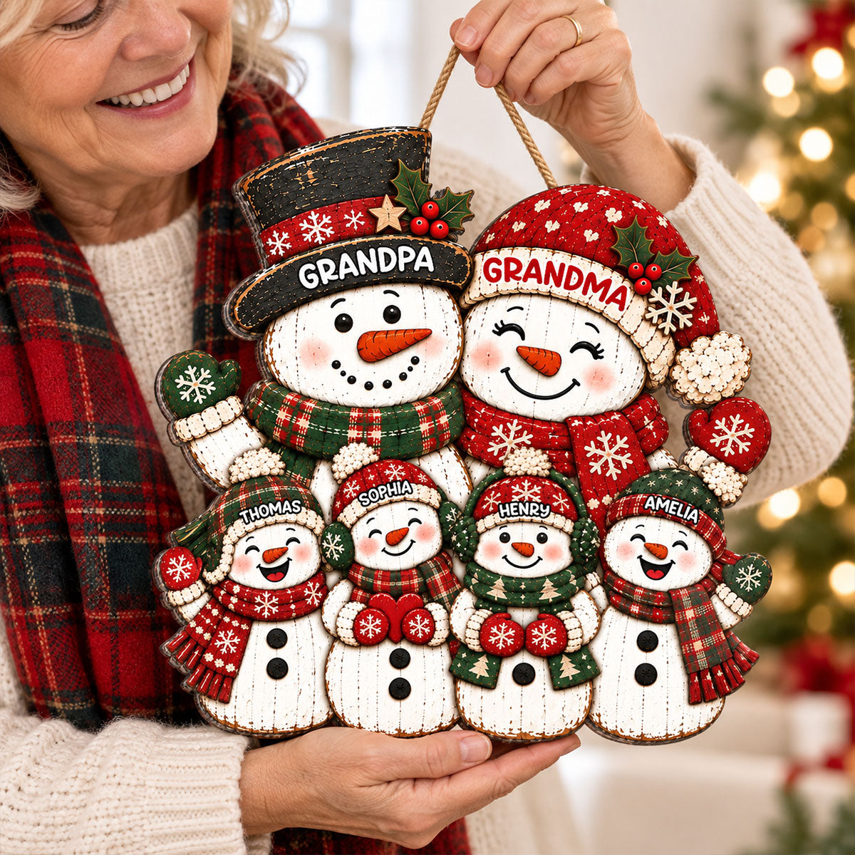 Festive Snowman Grandpa Grandma Grandkids - Personalized Wood Sign - Christmas Decor For Grandparents