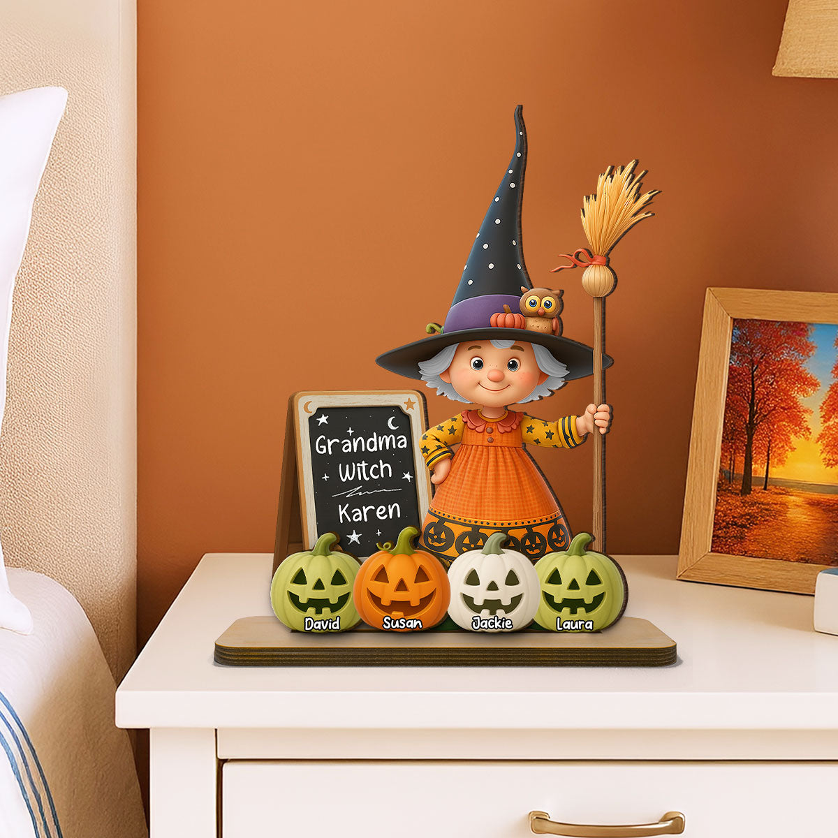 Grandma Witch Personalized Standing Wooden Plaque, Halloween Jack-o'-lantern Decor for Grandma