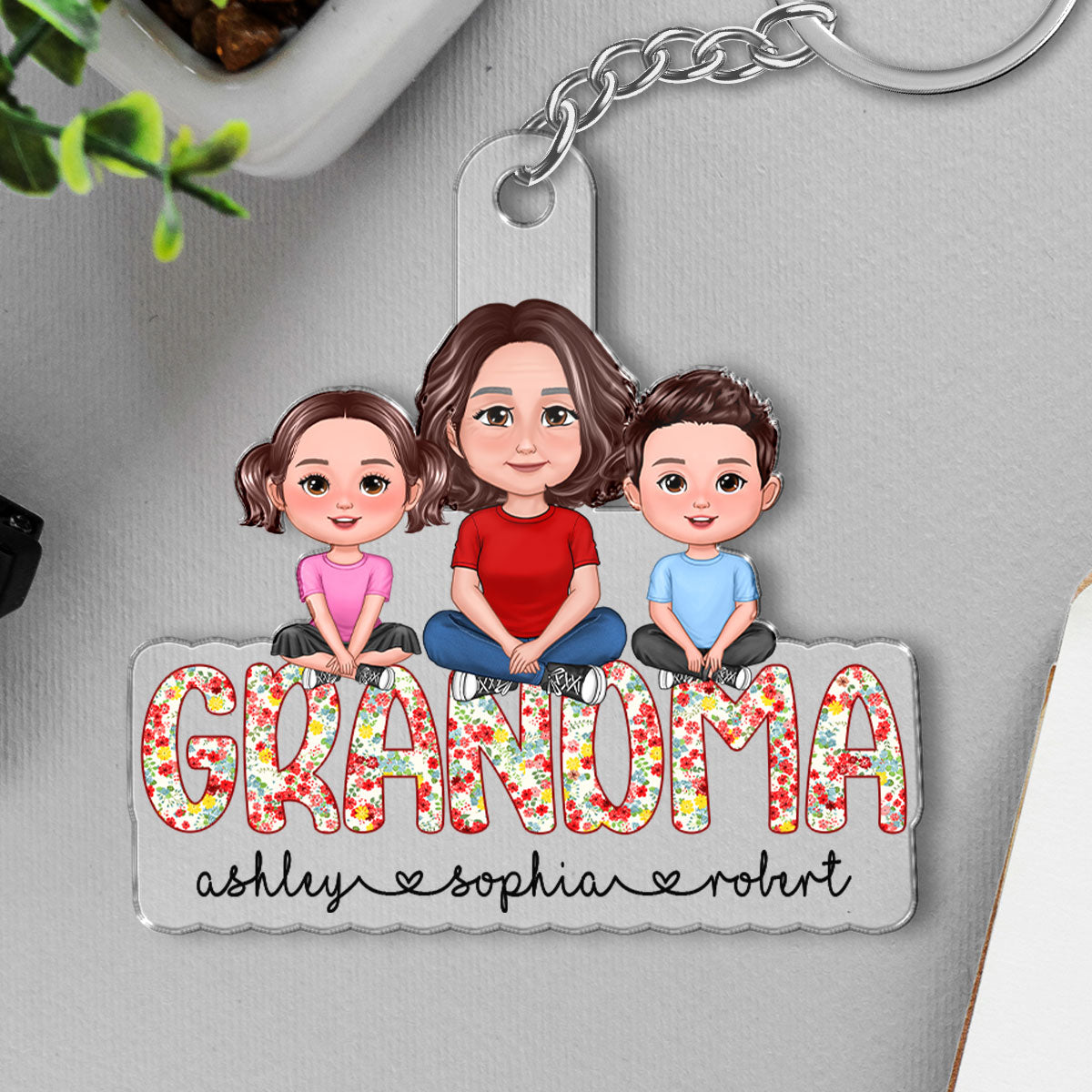 Grandma Grandkids Sitting On Text Personalized Acrylic Keychain