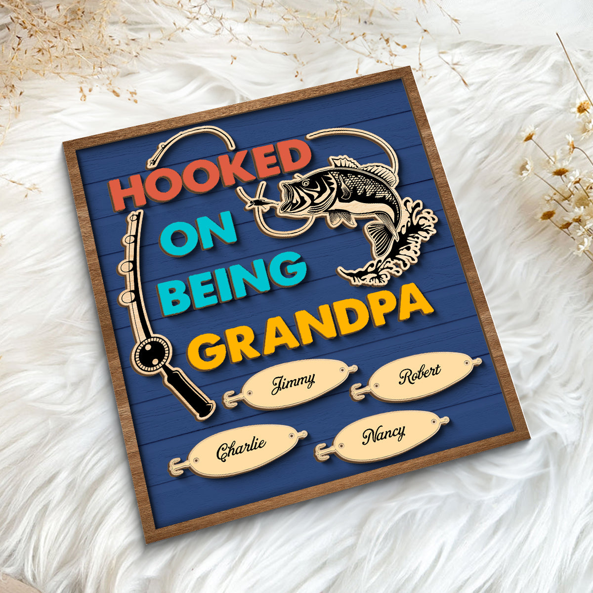 Hooked On Being Grandpa Fishing Personalized 2-Layer Wooden Plaque