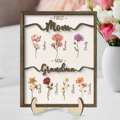 First Mom Now Grandma Vintage Birth Month Flowers Personalized 2-Layer Wooden Plaque, Heartfelt Gift For Grandma, Mom