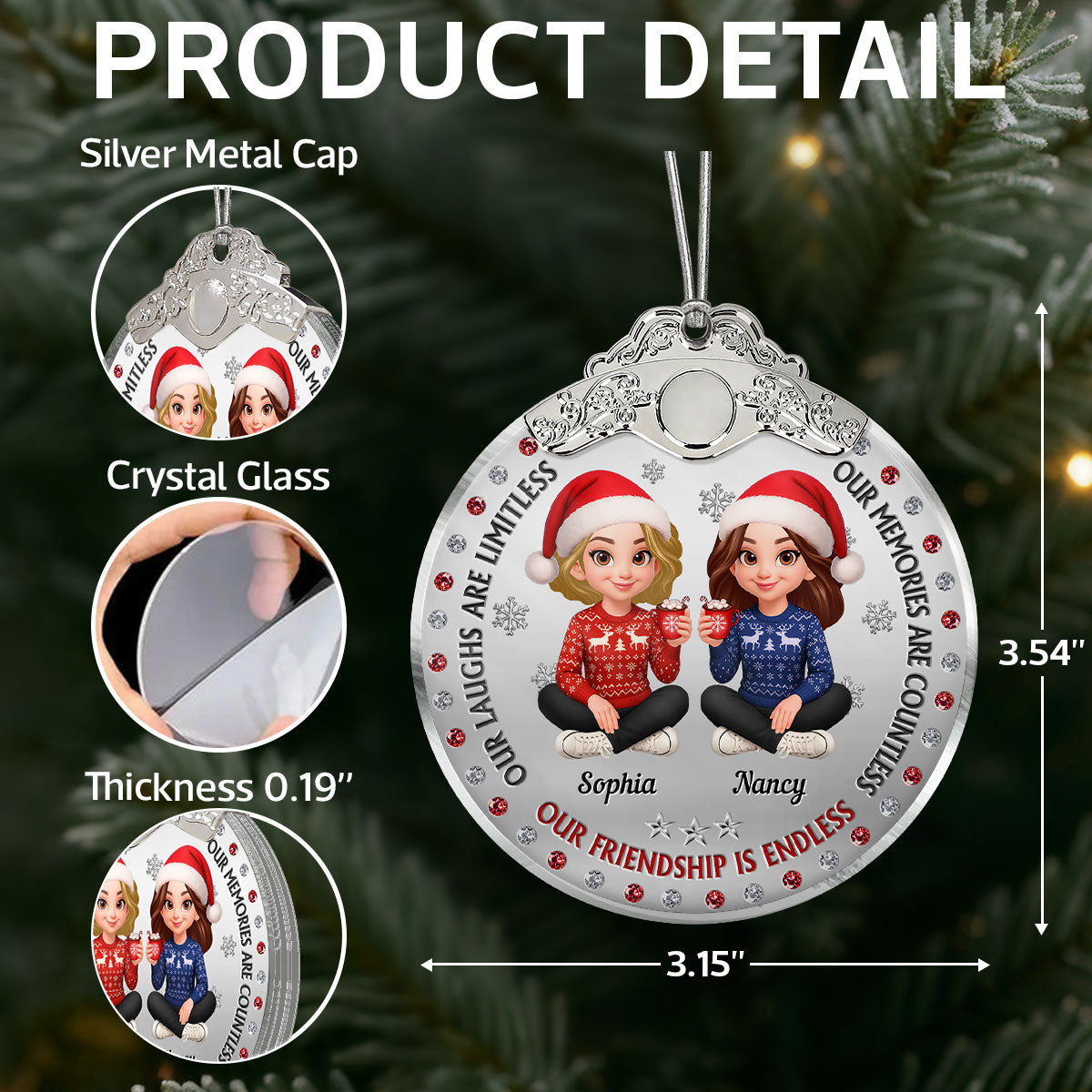 Christmas Besties Our Friendship Is Endless Metal Effect Texture - Personalized Glass Ornament With Silver Cap