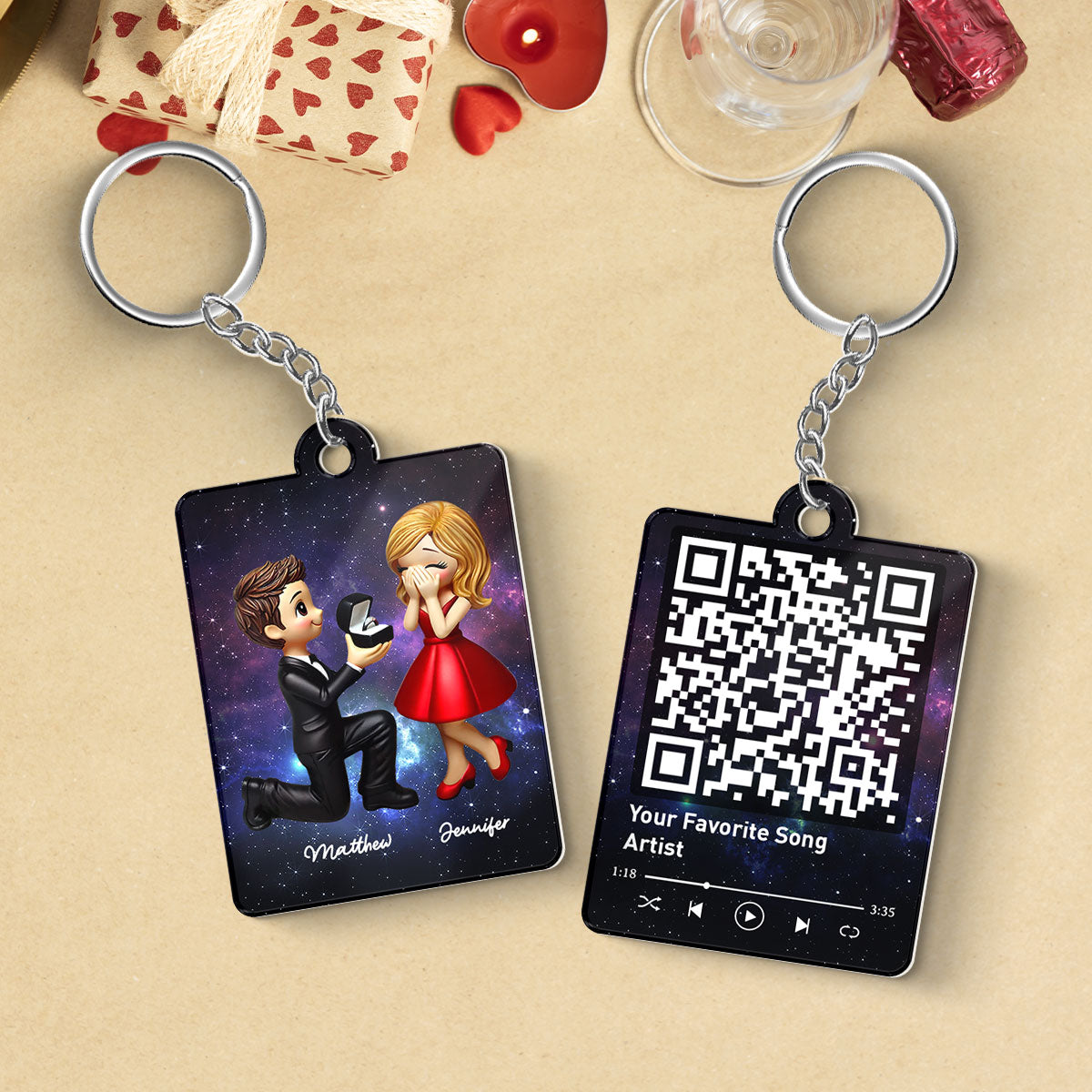 Couple In Galaxy Night Personalized Acrylic Flat Keychain, Just Engaged  Gifts for Couples, Favorite Song Scannable QR Code