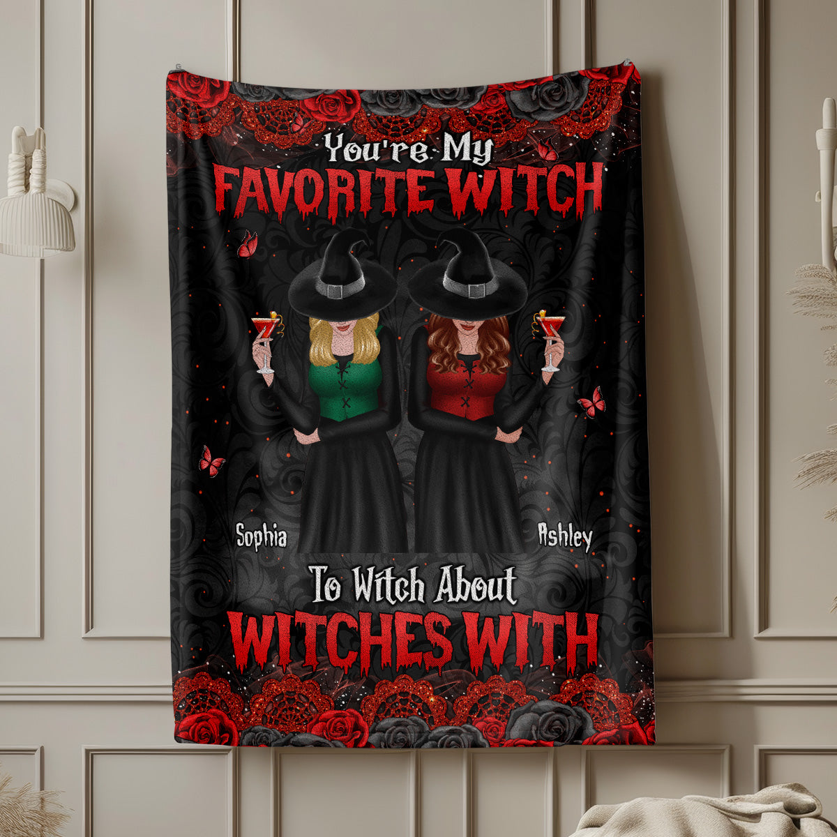Halloween Rose Pattern Witches Besties Personalized Fleece Blanket