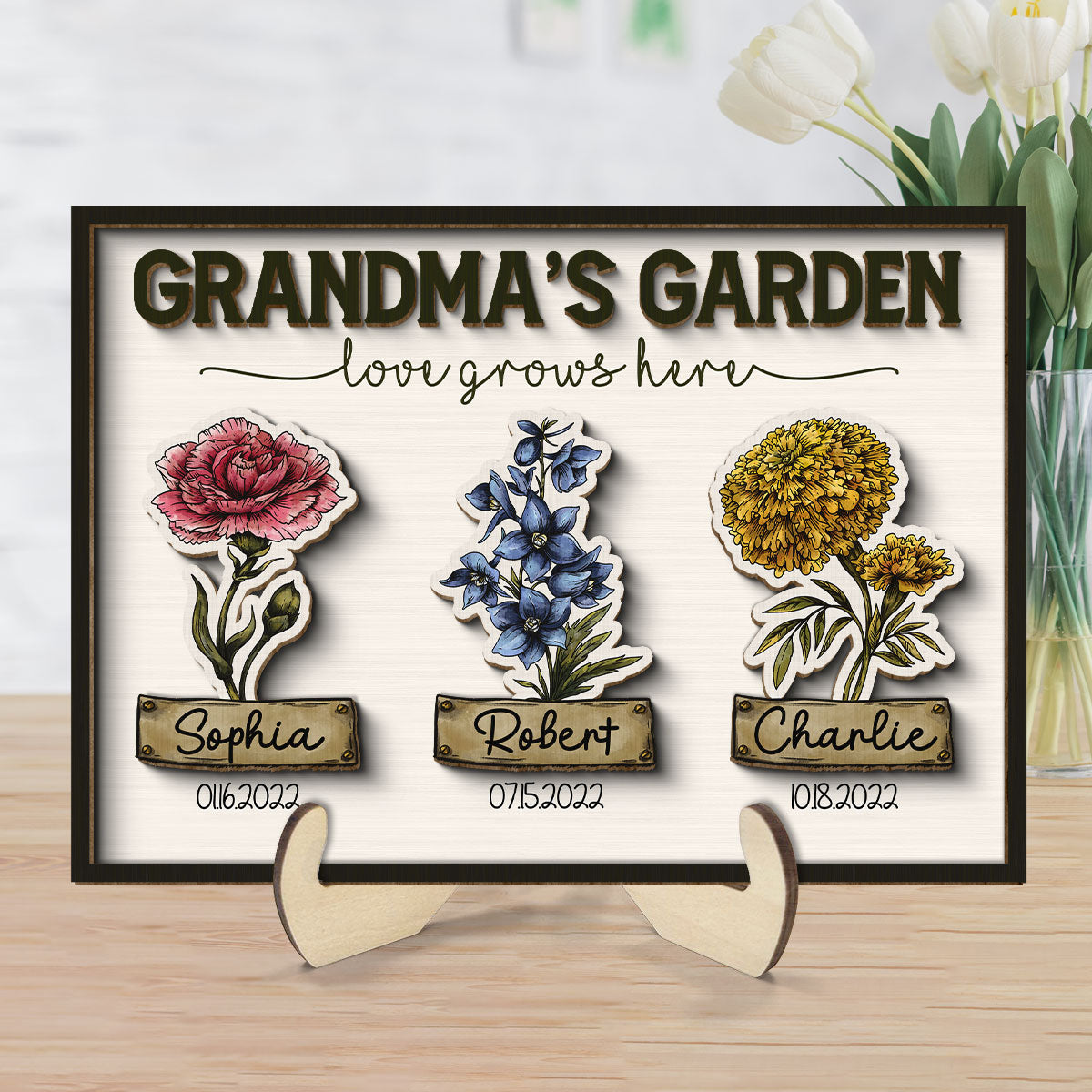Grandma Garden Love Grows Here Grandkids Birth Flower Name and Birthday Personalized 2-Layer Wooden Plaque