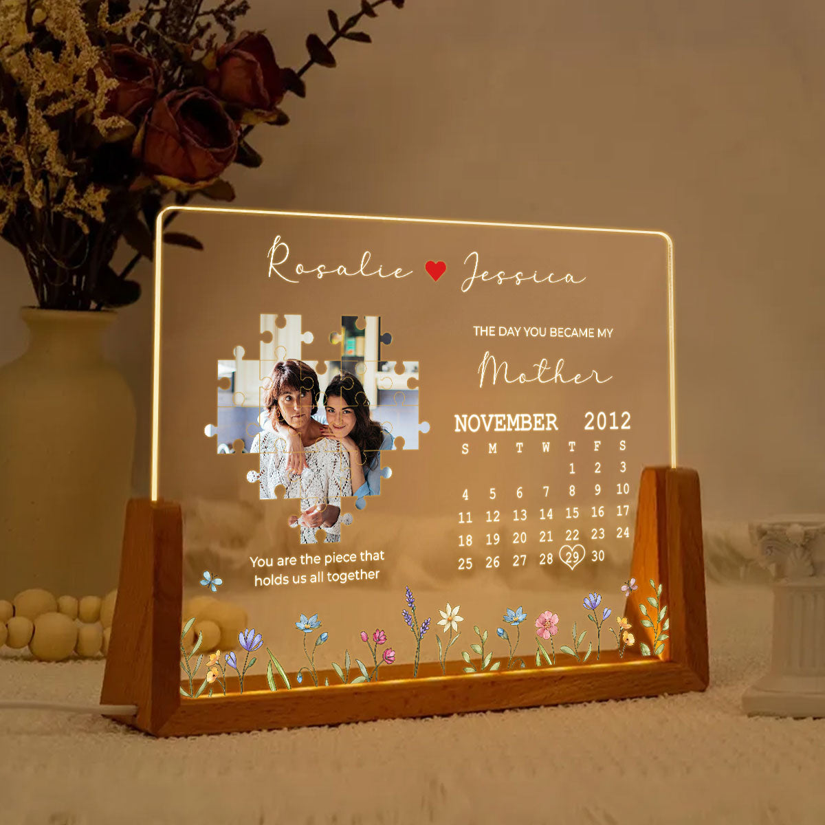 The Day You Became My Mommy, You Are the Piece that Holds Us All Together Personalized Photo Night Light Plaque, Mom Gift from Daughter, Gift
