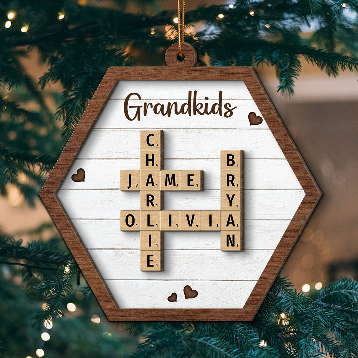 Grandkids Crossword Puzzle Art Personalized Hexagon Shaped 2-Layer Wooden Ornament, Christmas Gift For Grandma, Gift For Mom