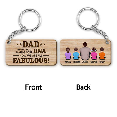 Dad Thanks For Sharing Your DNA Back View Man & Kids Sitting Personalized Wooden Keychain