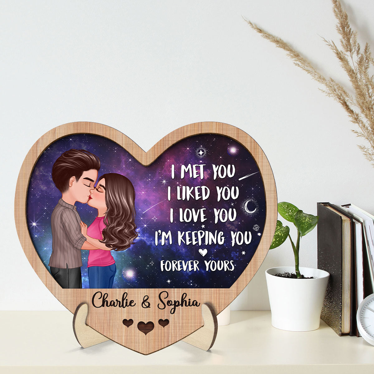 Galaxy Night Couple Kissing I Met You Personalized 2-Layer Wooden Plaque