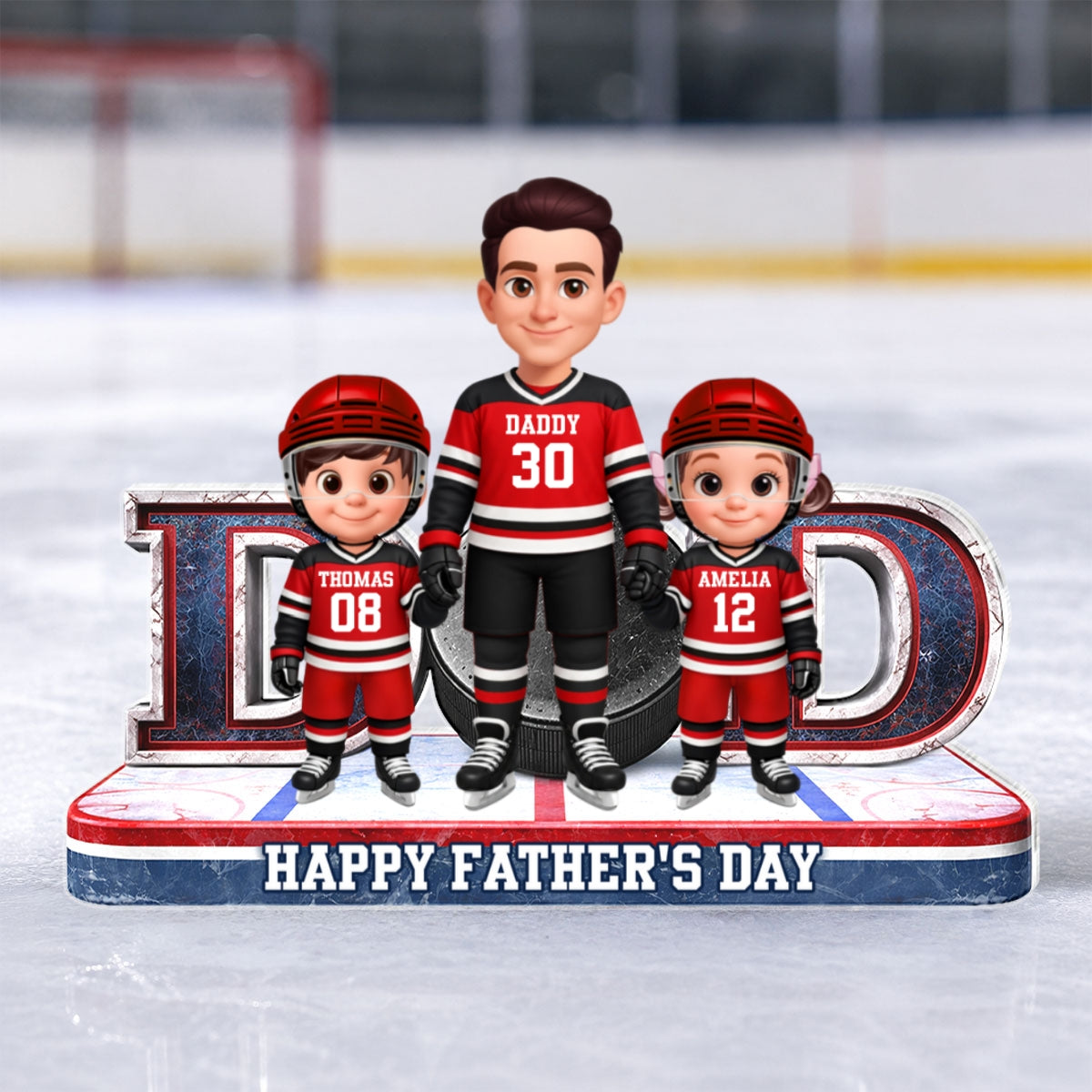 Hockey Dad And Kids Together Front View - Personalized Acrylic Block Plaque - Father's Day Gift For Dad, Husband