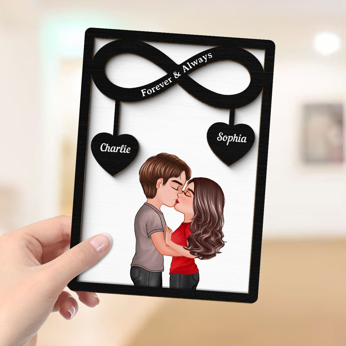 Couple Kissing Infinity Hearts Hanging Personalized 2-layer Wooden Plaque,  Gift For Him, For Her
