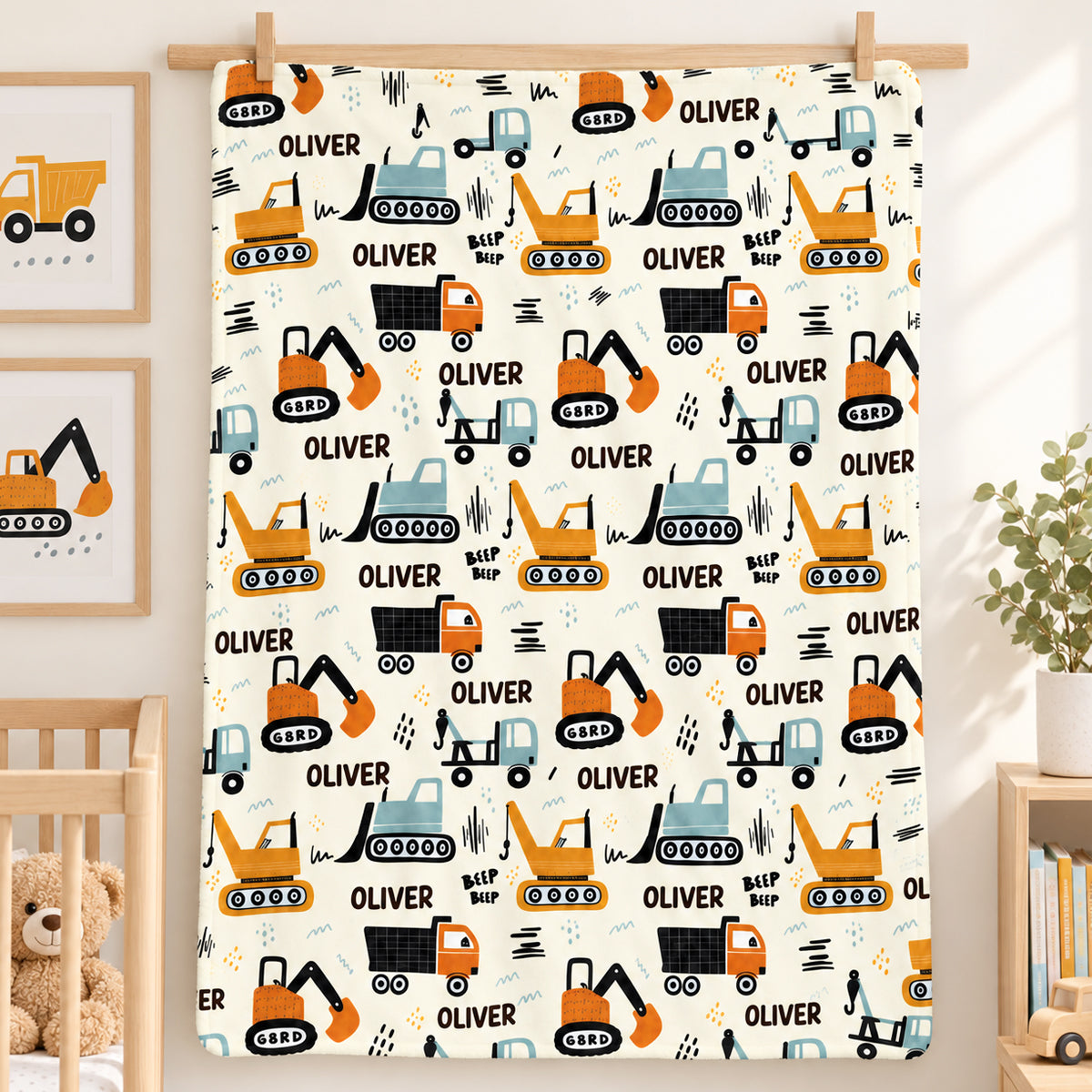 Construction Vehicle Custom Baby Name - Personalized Fleece Blanket - Nursery Construction Theme For Baby Boy