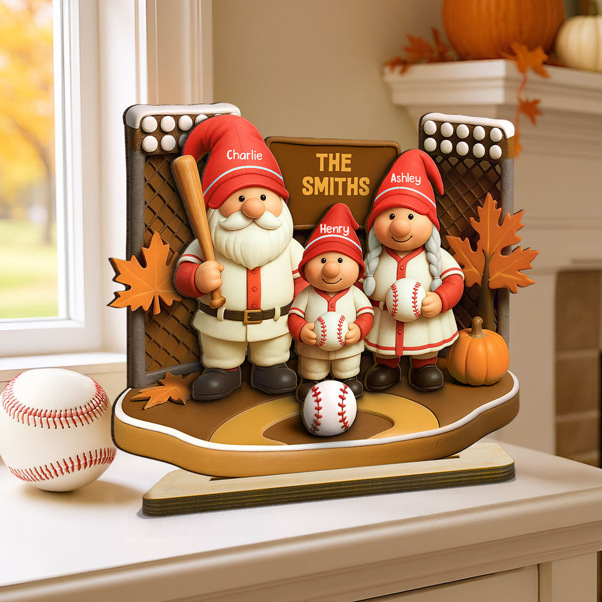 Fall Season Baseball Gnome Family 3D Effect Personalized Standing Wooden Plaque
