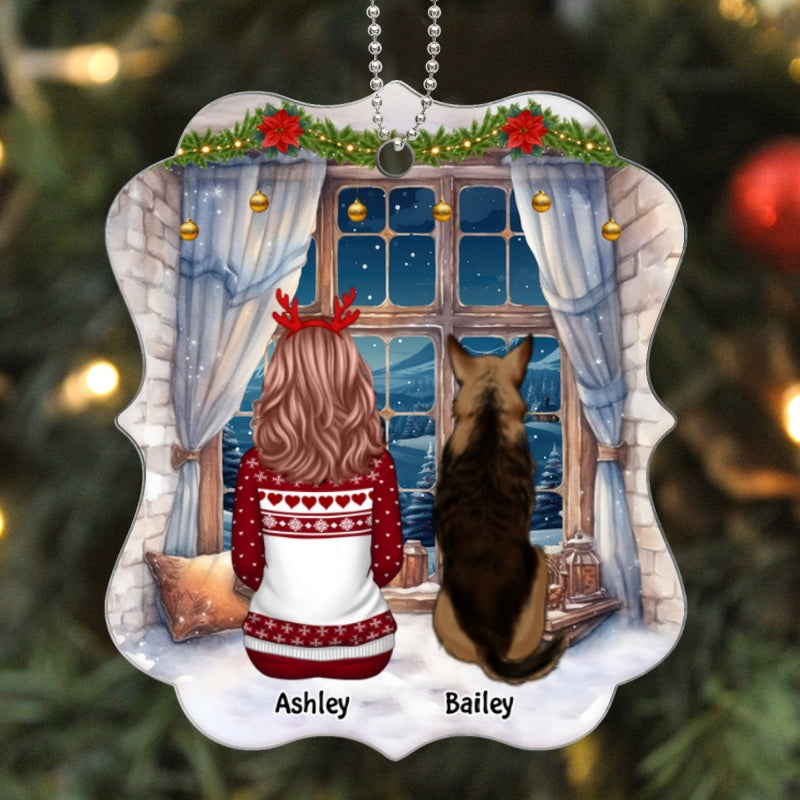 Girl & Dog Cat Sitting At Christmas Window Personalized Acrylic Ornament