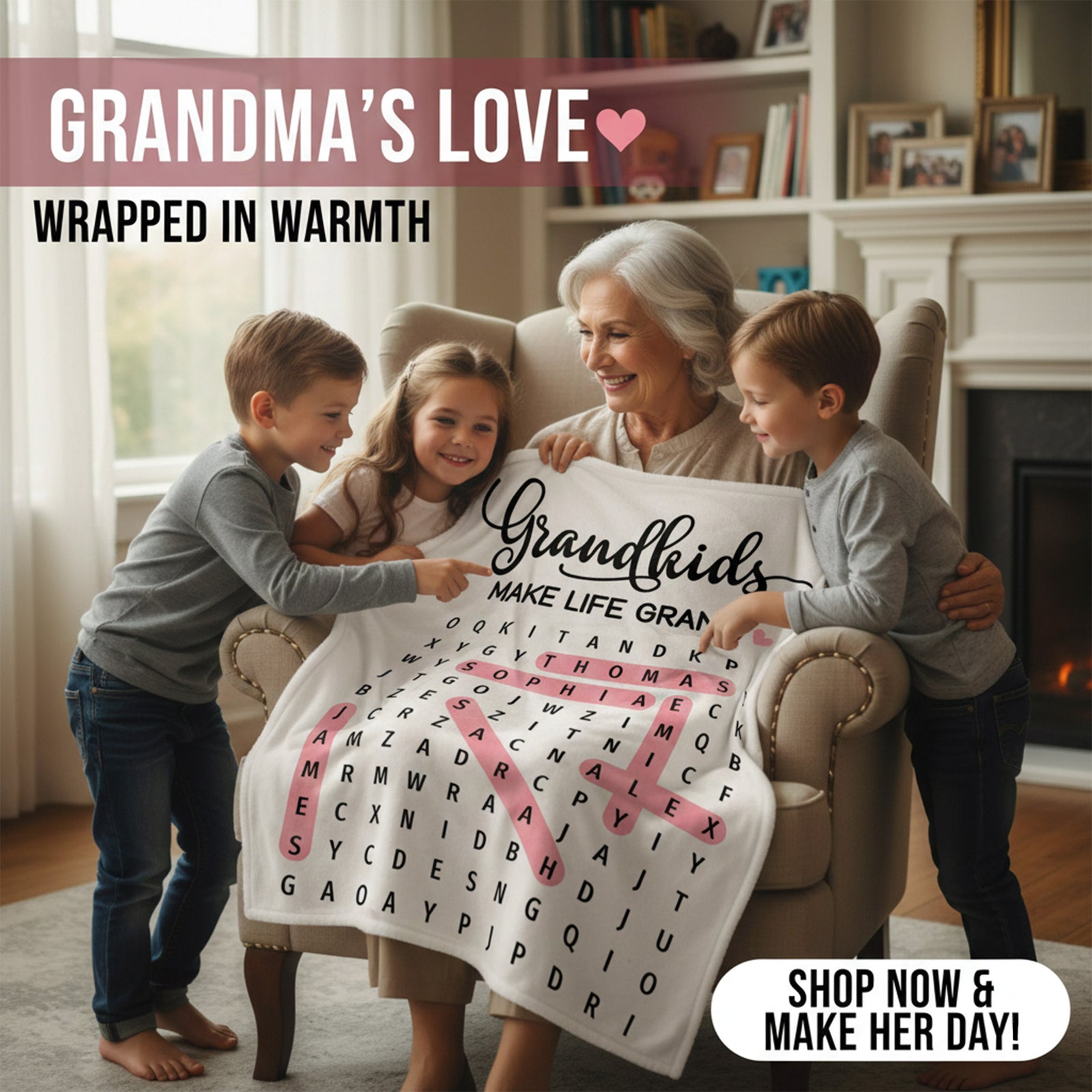 Grandma's Favorite People Word Search Puzzle - Personalized Fleece Blanket - Mother's Day Gift For Grandma