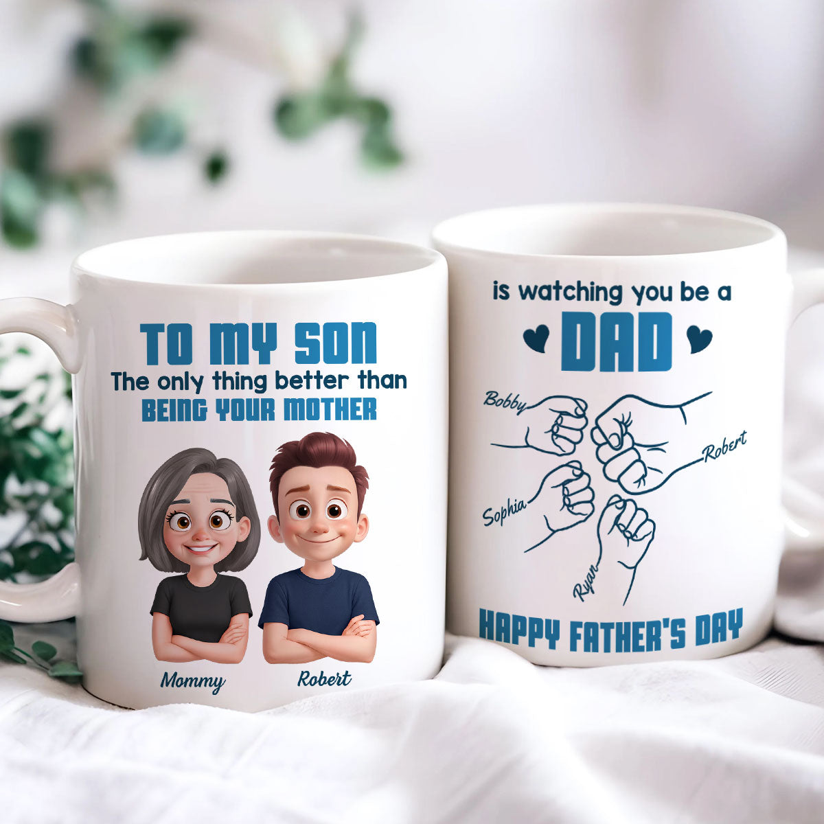 From Mom To Son Watching You Be A Dad Cartoon Style Fist Bump Personalized Mug, Father's Day Gift For Son